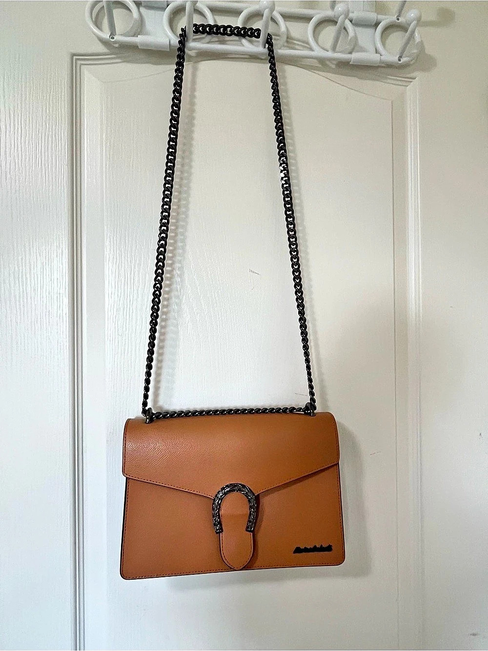 Made in Italy Maria Galanti Genuine Leather Tan Chain Crossbody Bag New